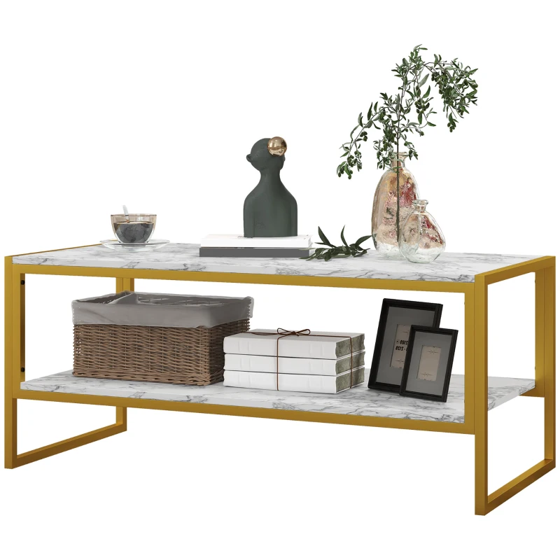 HOMCOM Coffee Table, Two-Tier Faux Marble Effect Centre Table with Metal Frame and Storage Shelf for Living Room, 106 x 50 x 45cm, White