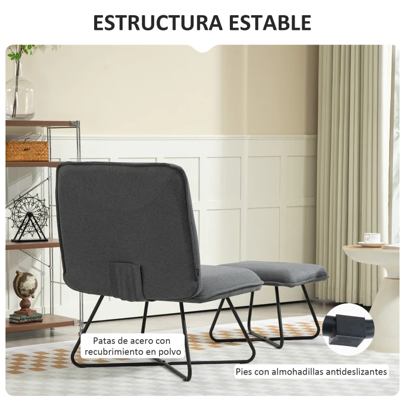HOMCOM Butaca con Reposapiés Sillón para Lectura con Patas de Acero en Forma de Cruz Gris Oscuro
