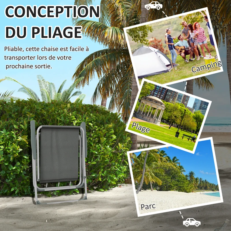 Outsunny Lot de 4 chaises pliantes de jardin camping plage avec accoudoirs, tissu Oxford, gris