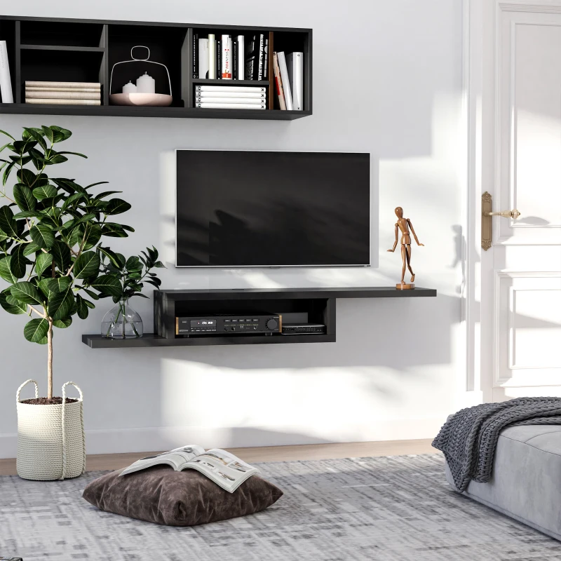 HOMCOM Floating TV Unit, Wall Mounted TV Stand with Open Shelf and 2 Cable Holes, Entertainment Unit for Living Room, Black