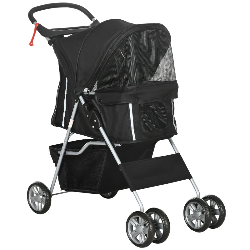 PawHut Passeggino per Cani Pieghevole con Cestino e Portabicchiere, Peso Max. 10 kg, 75x45x97cm, Nero