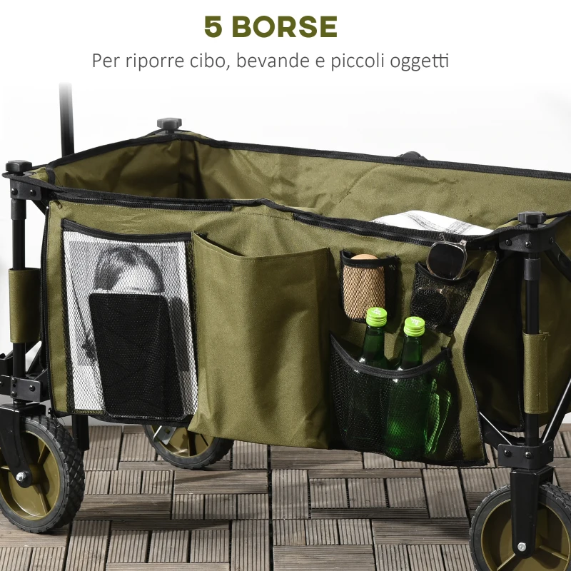 Outsunny Carrello da Giardino 125L Pieghevole con Maniglia e 5 Sacche, 108x55x93 cm, Verde