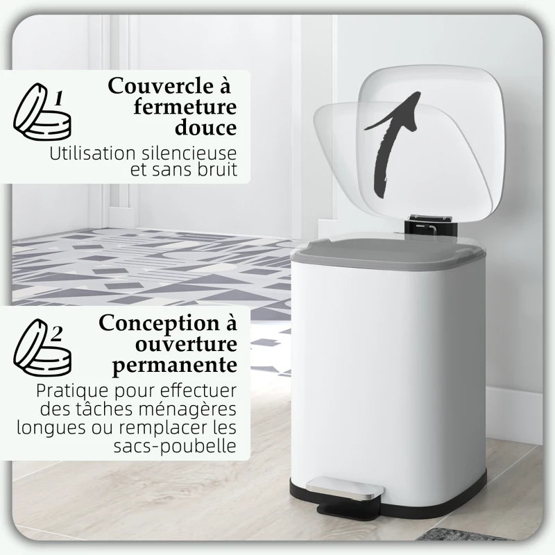 HOMCOM Poubelle de cuisine 12L avec couvercle, poubelle anti-traces de doigts avec pédale et seau intérieur amovible, blanc