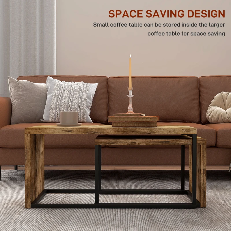 HOMCOM Nesting Coffee Table Set of 2, Industrial Stacking Side End Tables with Metal Frame for Living Room, Bedroom, Rustic Brown