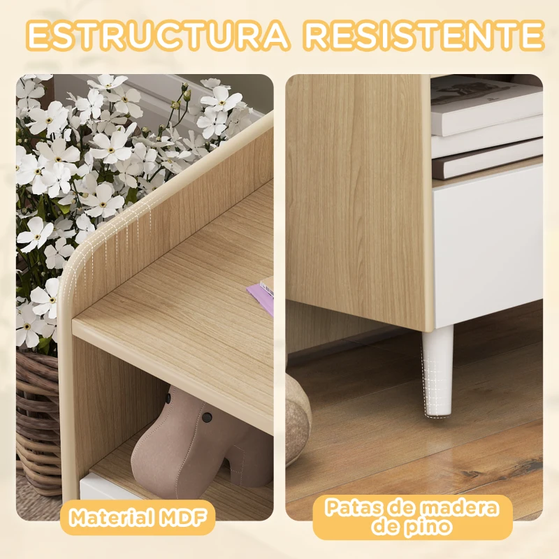 AIYAPLAY Mesita de Noche para Niños de +3 Años con Cajón y Bordes Redondeados para Dormitorio Roble y Blanco