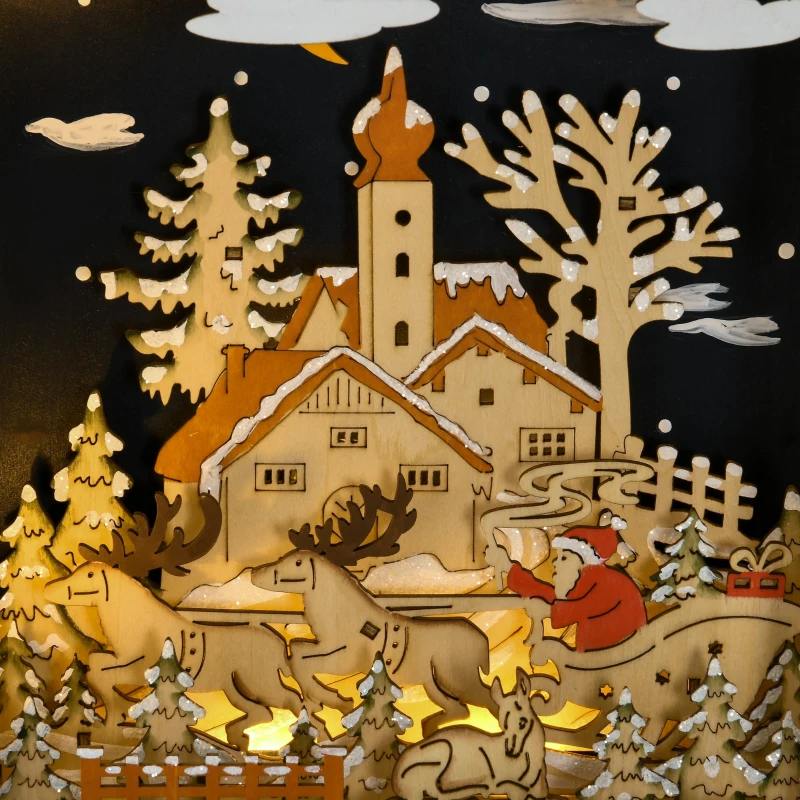 HOMCOM Calendrier de l'Avent LED en forme de village enneigé avec 24 tiroirs décoration lumineuse de Noël beige