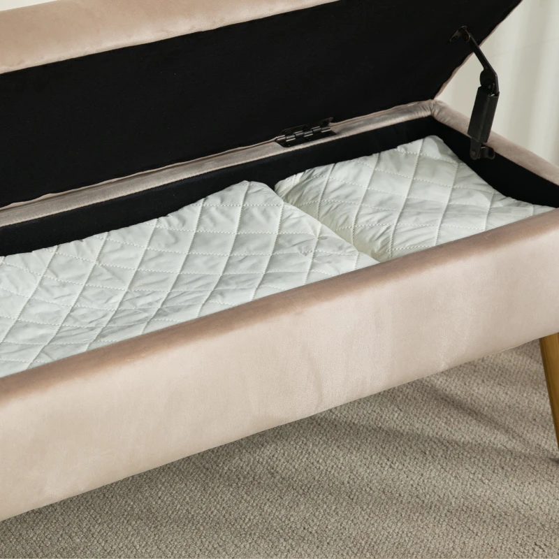HOMCOM Banc coffre de rangement 2 en 1 banquette en velours avec couvercle à charnière et pieds en métal, jaune