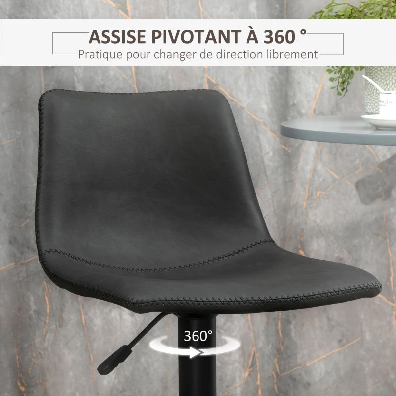 HOMCOM Lot de 2 tabourets de bar style vintage réglable pivotant avec repose-pieds revêtement synthétique - noir - hauteur réglable 90-110 cm