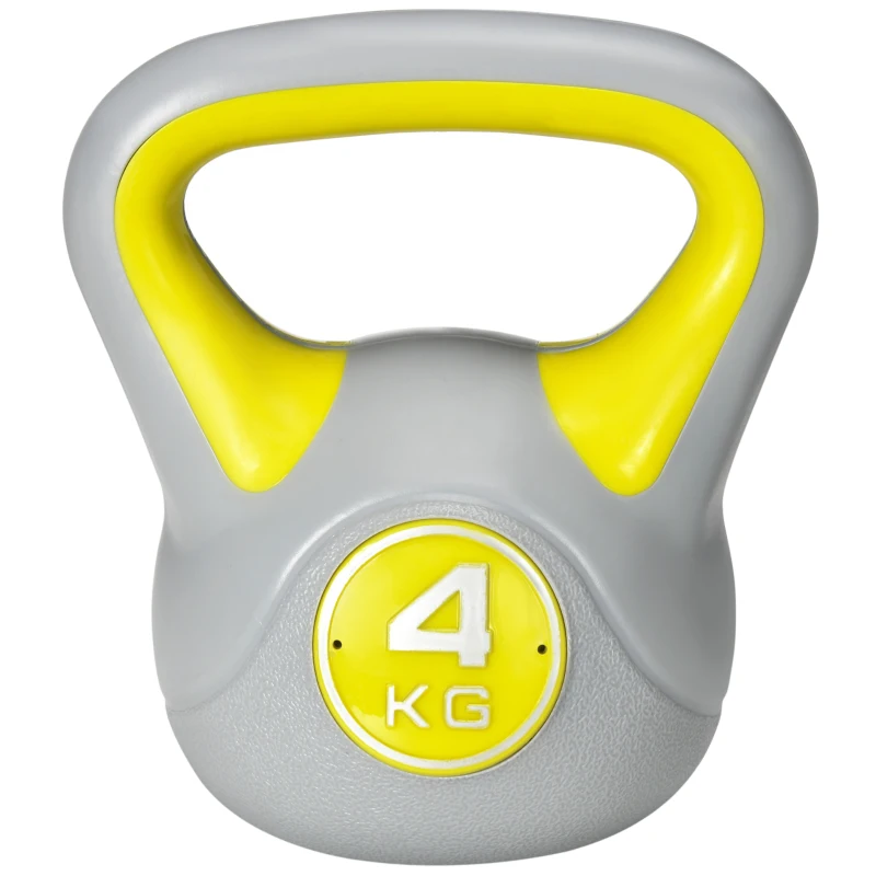 SPORTNOW Kettlebell 4kg in PU e Sabbia con Base Piatta e Impugnatura per Stacchi, Squat e Sollevamenti, 18x12x20 cm, Giallo