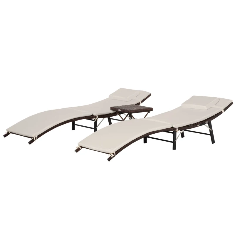 Outsunny Lot de 2 transats bains de soleil pliables grand confort : matelas, têtière + table basse résine tressée chocolat