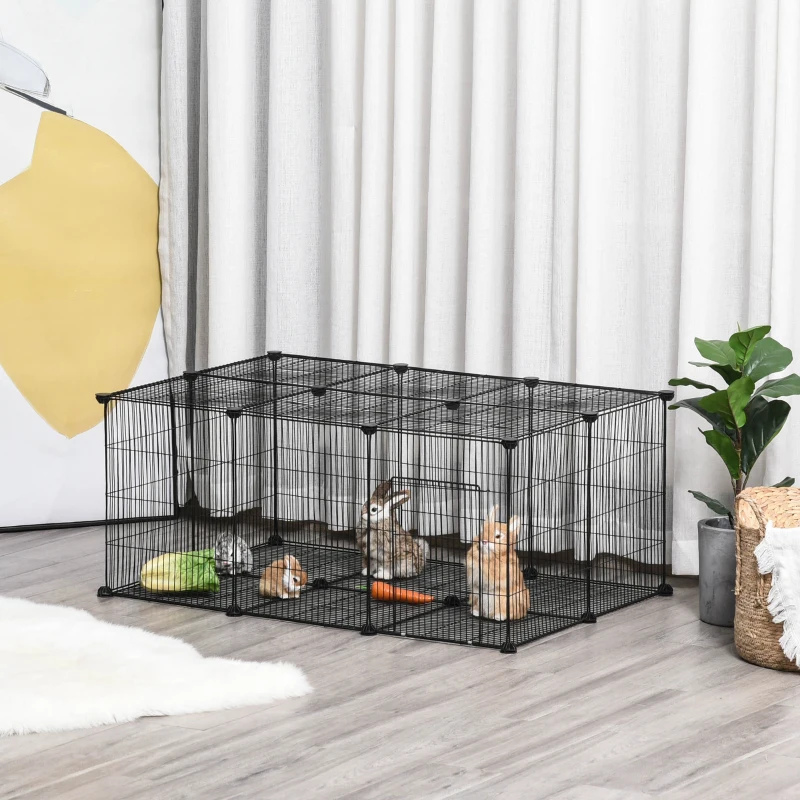 Pawhut Gabbia per Conigli e Piccoli Animali, 22 Pannelli Modulabili in Metallo con Porta, Nero, 105 x 70 x 45cm