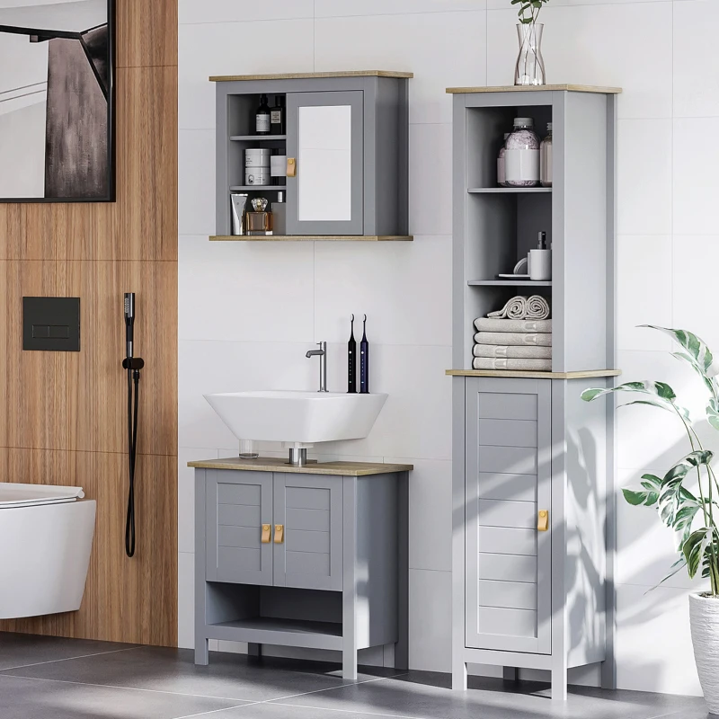 kleankin Armario Alto de Baño Moderno Mueble Columna de Baño con 1 Puerta Estante Ajustable y 3 Compartimentos 39x30x168 cm Gris
