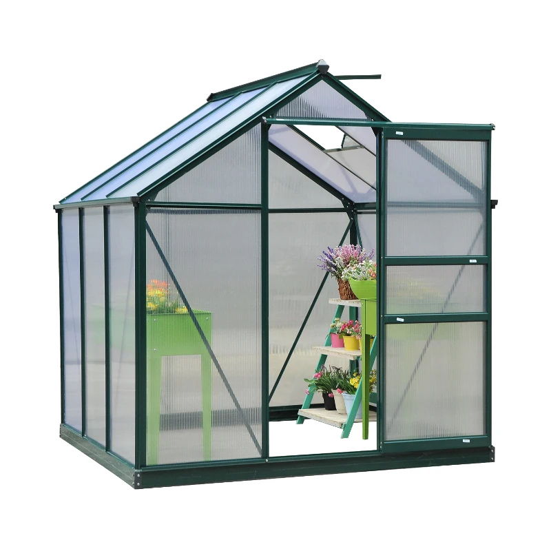 Outsunny 6 x 6ft Polycarbonate Greenhouse, Large Walk-In Green House with Slide Door and Window, Garden Plants Grow House with Aluminium Frame and Foundation, Dark Green