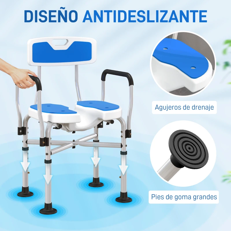HOMCOM Silla de Ducha con Asiento Ranurado Altura Regulable Antideslizante Respaldo y Reposabrazos Carga 136 kg Azul