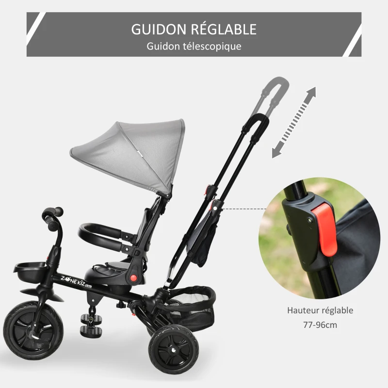 HOMCOM Tricycle Enfant évolutif Pliable - Pare-Soleil, Canne télescopique Amovible - siège pivotant, Harnais, Arceau sécurité - Repose-Pied - 3 paniers Rangement - métal PP Gris Noir