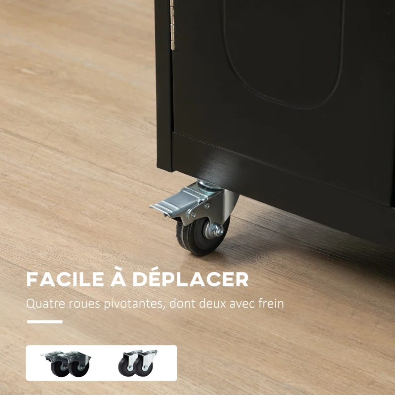 HOMCOM Chariot de service desserte de cuisine à roulettes multi-rangements 1 tiroir placard 2 portes avec étagère porte-torchons MDF noir acier inoxydable