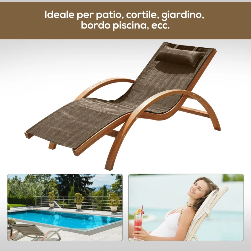 Outsunny Sdraio da Giardino Ergonomica, Lettino Prendisole con Poggiatesta Imbottito in Legno e Tessuto, 161 x 72 x 68 cm, Marrone