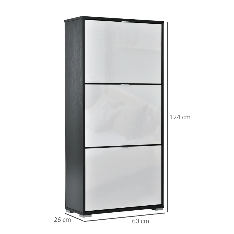 HOMCOM Meuble à Chaussures 3 Portes abattantes 3 Compartiments MDF Noir Blanc laqué