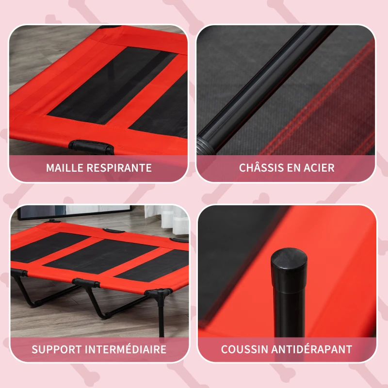 PawHut Lit sur pieds XXL pour chien chat lit de camp animal 122L x 92l x 23H cm rouge