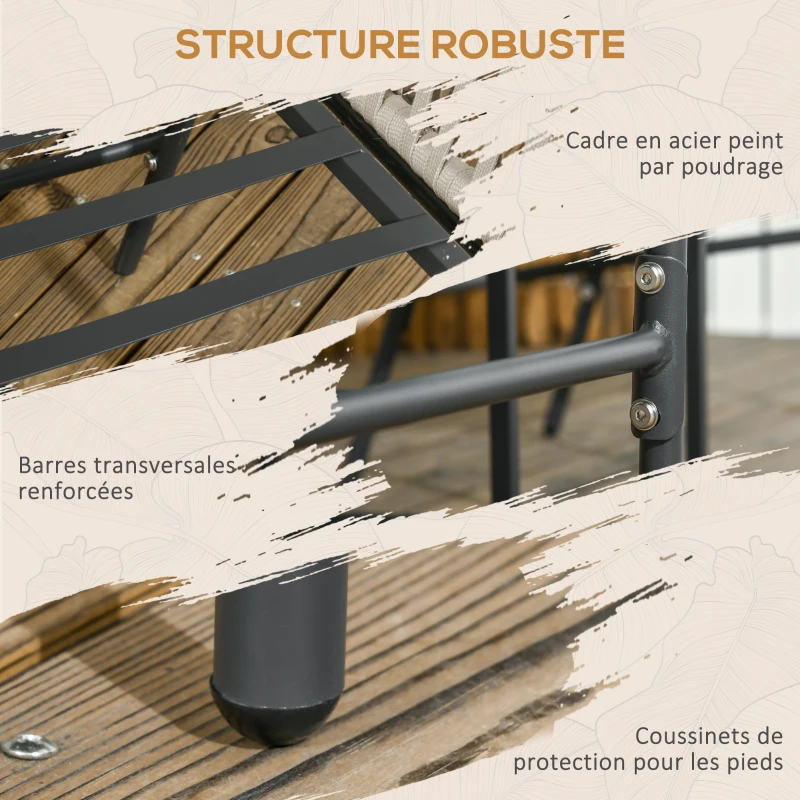 Outsunny Lot de 2 fauteuils chaises de jardin 2 places et métal et corde PE avec coussins, noir et gris