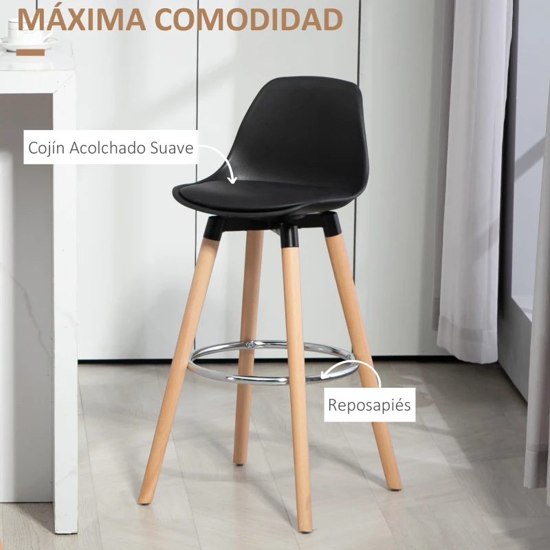 HOMCOM Juego de 2 Taburetes Altos de Cocina 69 cm Tapizado en PU con Respaldo Patas de Madera para Comedor Negro