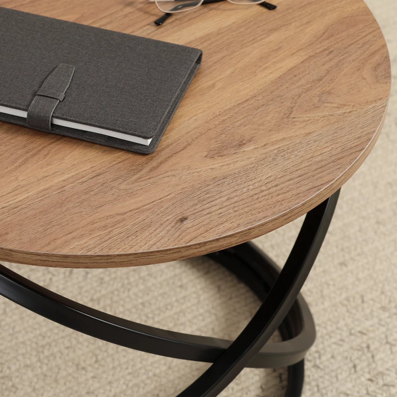 HOMCOM Table basse ronde style industriel en métal noir et plateau en bois - dim. Ø 60 x 46H cm