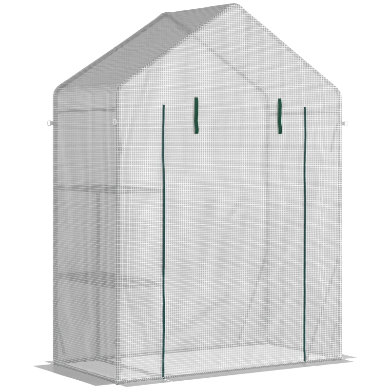 Outsunny Serra da Giardino in PE e Acciaio per Esterni con 2 Scaffali e Porta Avvolgibile, 143x73x195 cm, Bianco
