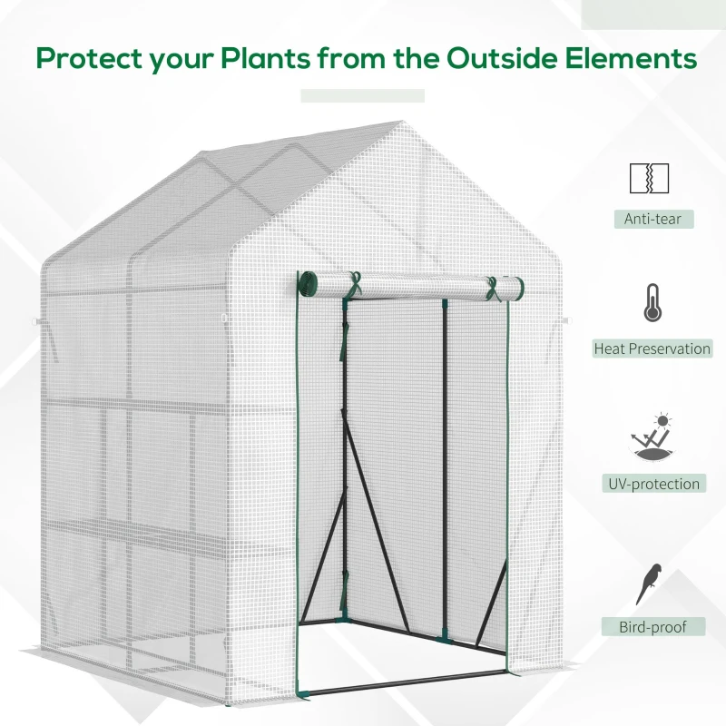 Outsunny Walk In Greenhouse with 2 Tier Shelf, Portable Gardening Plant Grow House Tomato Greenhouse with Roll up Zip Panel Door, Reinforced PE Cover, 143 x 143 x 195cm, Green