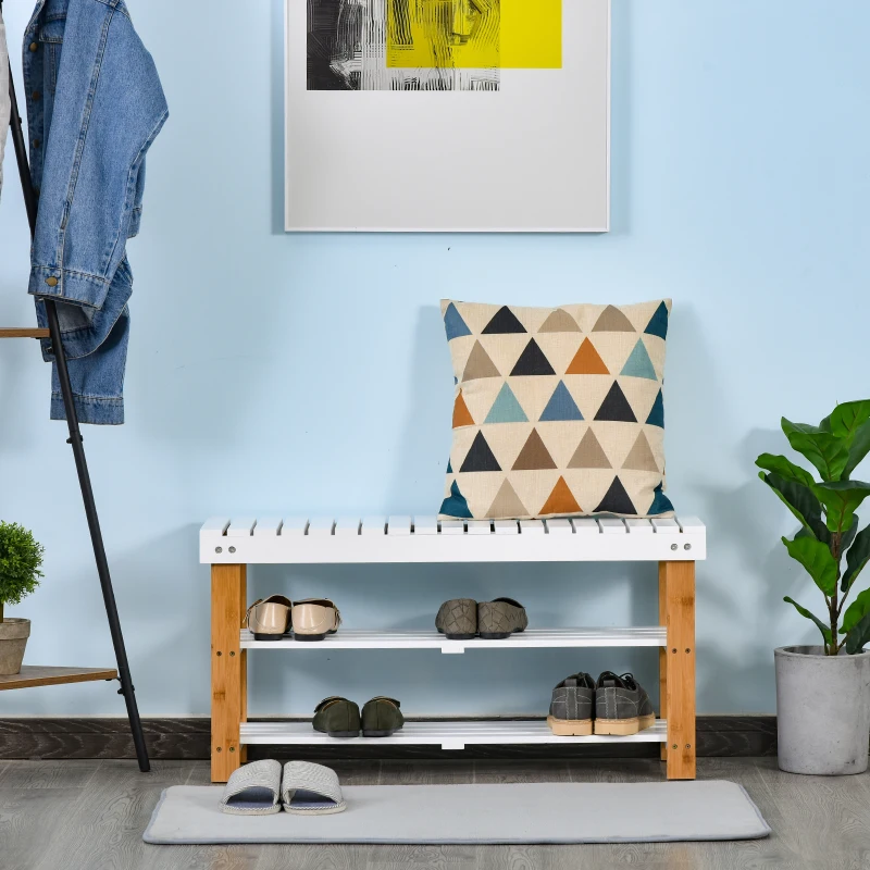 HOMCOM Shoe Bench, 3-Tier Wooden Shoe Rack with Hidden Storage Compartment, Slatted Shelves, Home Storage Unit, Hallway Furniture, Natural, 90L x 29W x45H cm