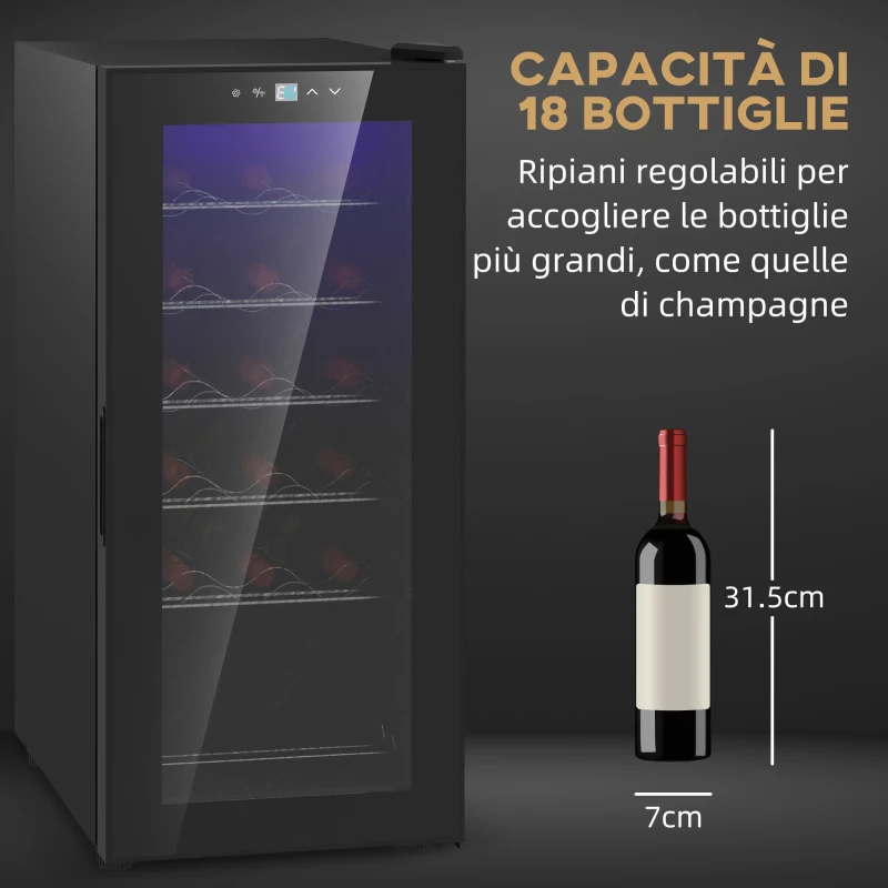 HOMCOM Cantinetta Frigorifero per 18 Bottiglie di Vino con Display Digitale, Luce LED e Controllo Temperatura, Nero
