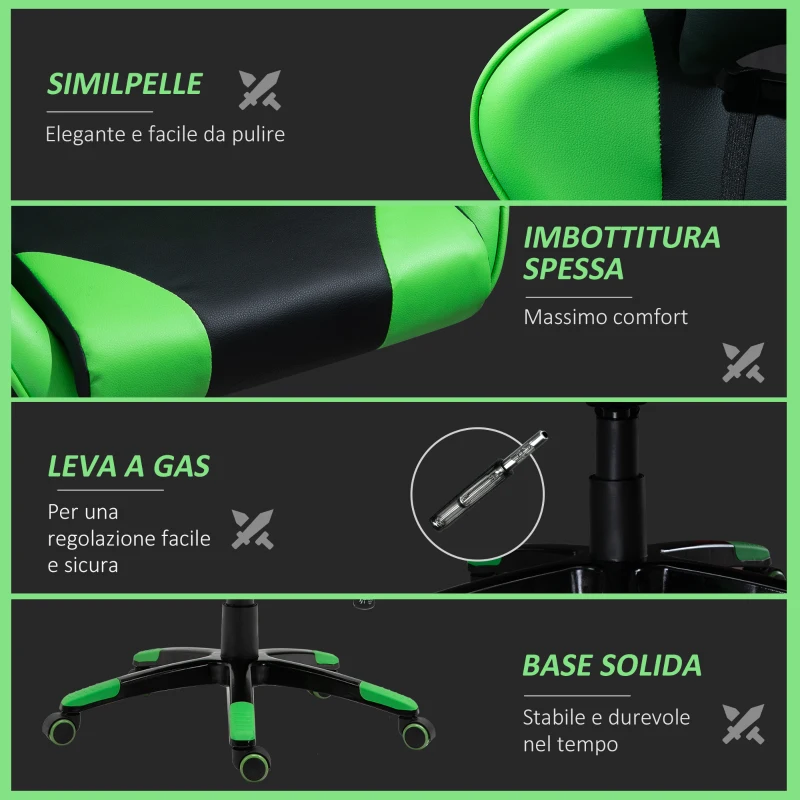 HOMCOM Sedia Gaming Professionale con Altezza Regolabile, Sedia da Ufficio Girevole e Reclinabile, con Sostegno Lombare e Collo, 67x67x123-132 cm, Nera e Verde