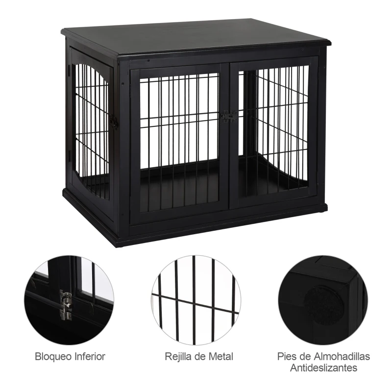 PawHut Jaula para Perros de Madera con Superficie de Mesa 2 Puertas y Rejillas de Metal 81x58,5x66 cm Negro