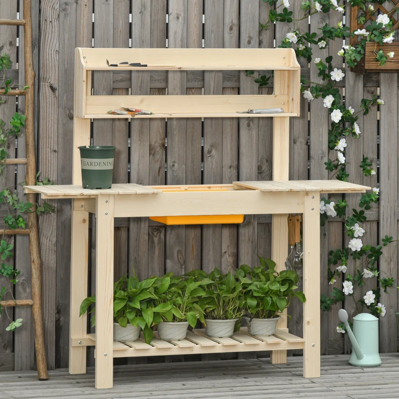 Outsunny Banco da Lavoro per Giardinaggio in Legno Naturale con Vaschetta Integrata, Mensole e Ganci 100x40x140cm