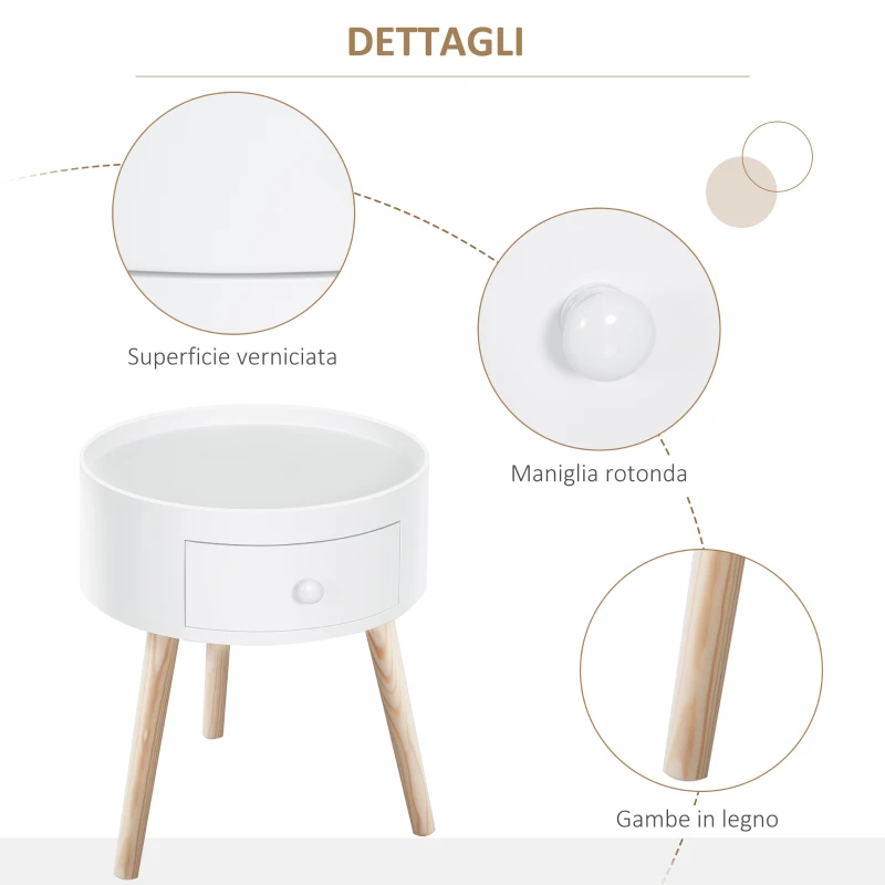 HOMCOM Tavolino da Salotto Moderno in Legno, Tavolino Rotondo con Cassetto, Tavolino da Caffè per Soggiorno e Camera, Bianco