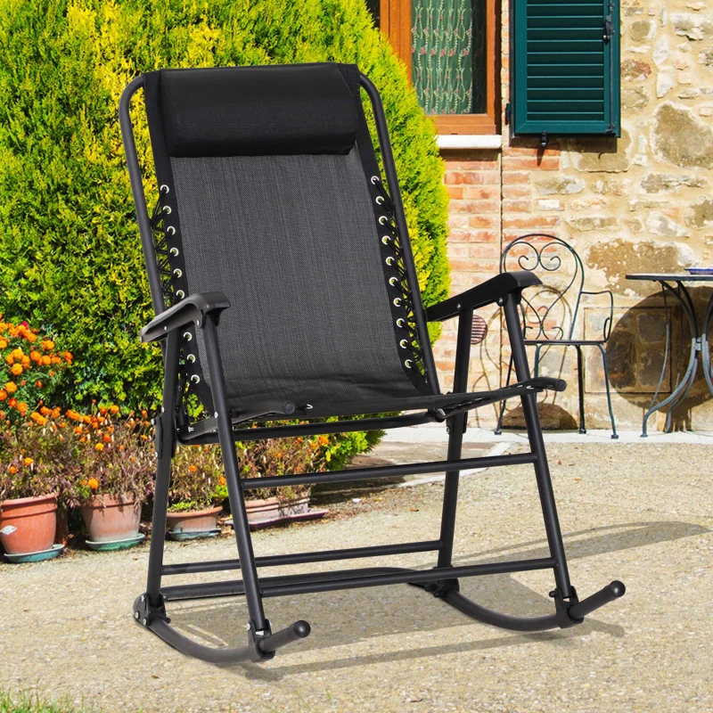 Outsunny Garden Rocking Chair Folding Outdoor Adjustable Rocker Zero-Gravity Seat with Headrest Camping Fishing Patio Deck, 90 x 64 x 110 cm - Black