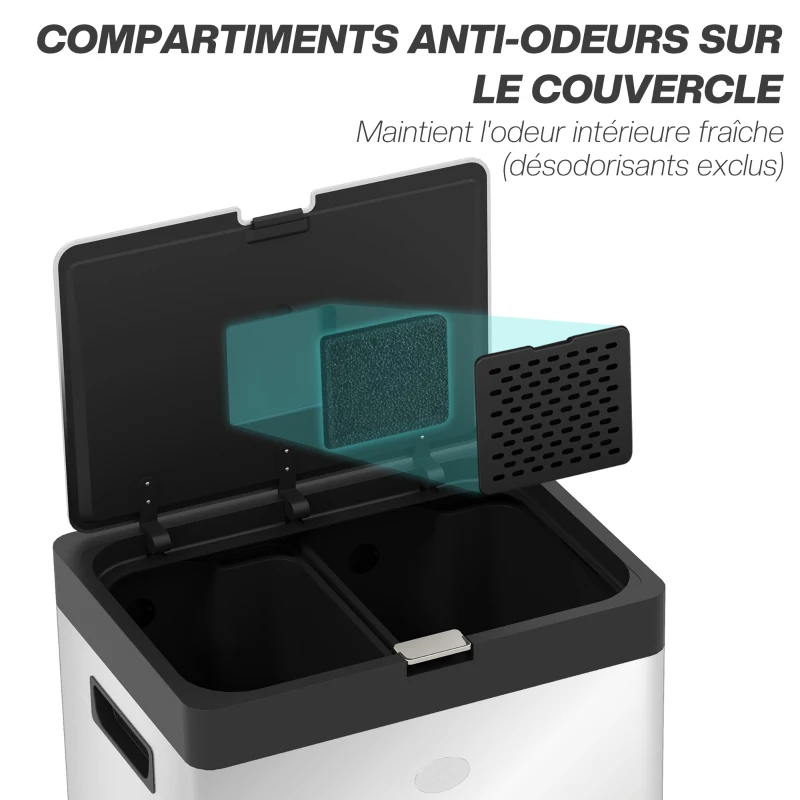 HOMCOM Poubelle rectangulaire à pédale poubelle cuisine 3 compartiments fermeture douce acier inox 45,7 x 35,8 x 76 cm argent