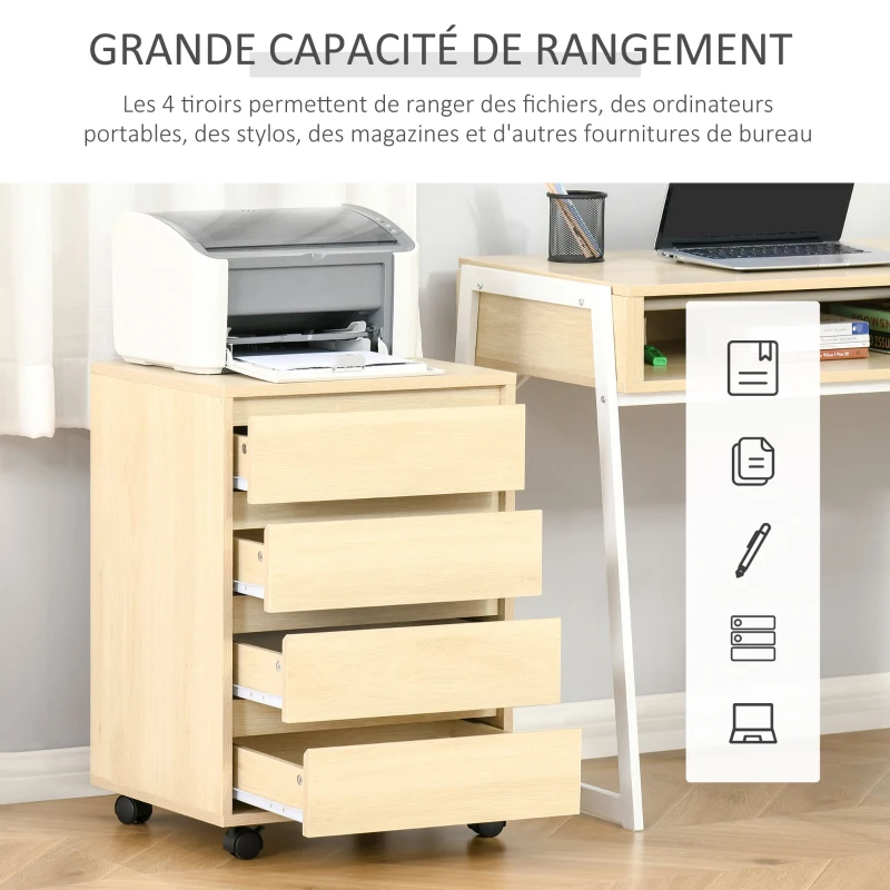 HOMCOM Caisson de bureau rangement bureau sur roulettes 4 tiroirs coulissants en bois aspect bois clair