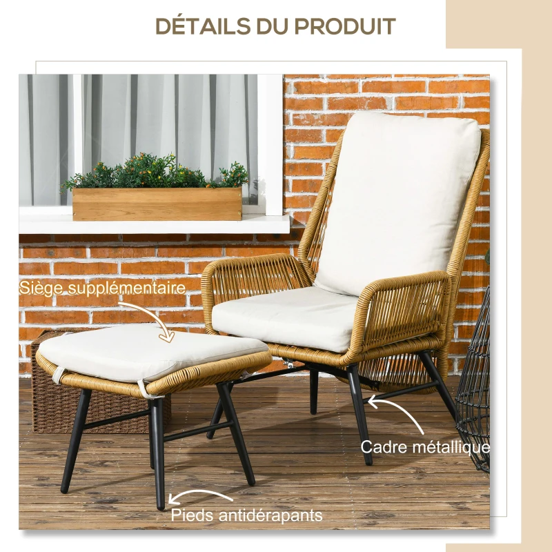 Outsunny Fauteuil de jardin avec repose-pieds en rotin PE, dossier inclinable et coussins, design bohème
