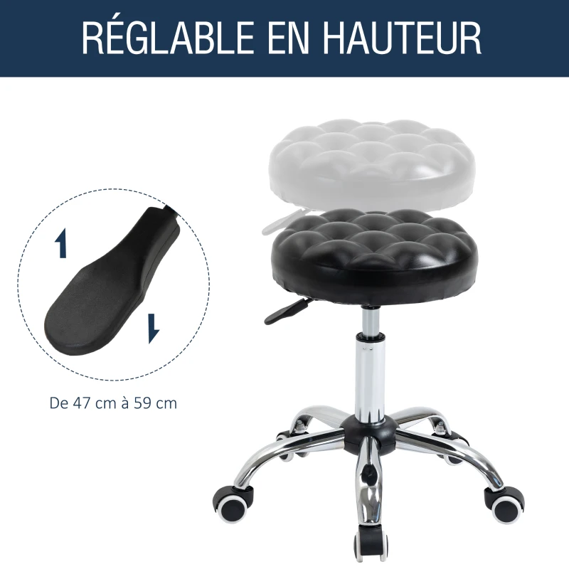 HOMCOM Tabouret massage à roulettes réglable en hauteur pivotant 360° assise synthétique capitonnée noire
