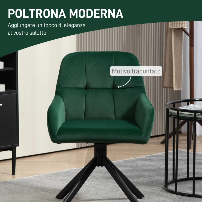 HOMCOM Poltroncina in Velluto Moderna con Seduta Girevole, Braccioli e Gambe in Acciaio, Verde