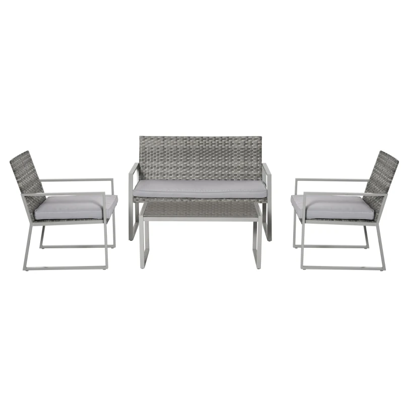 Outsunny 4PC Rattan Garden Furniture Set 2 Single Sofa Arm Chairs 1 Bench with Cushions & Coffee Table Patio Backyard Wicker Weave