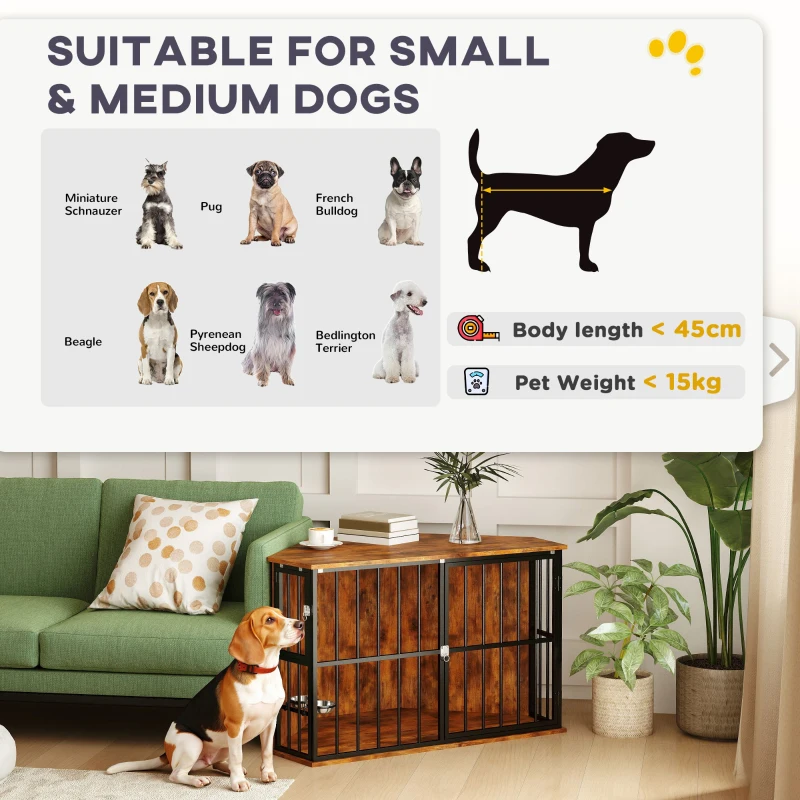 PawHut Corner Dog Crate Furniture with Two Bowls, Lockable Doors, for Small, Medium Dogs, Rustic Brown