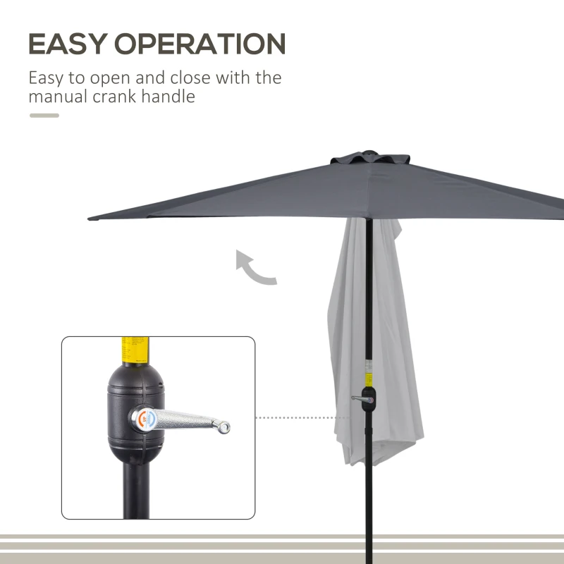 Outsunny 3(m) Half Parasol Semi Round Umbrella Patio Metal Frame Crank Handle for Balcony-- NO BASE INCLUDED, Grey