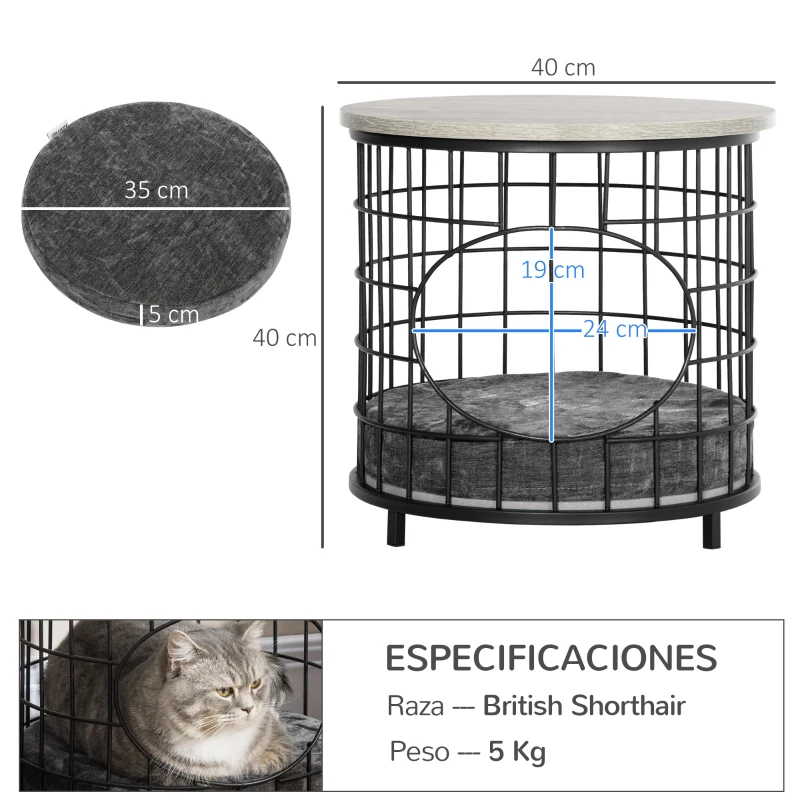 PawHut Mesa Auxiliar con 1 Orificio para Gatos Pequeños Estante Superior y Cojín 40x40x40 cm Negro y Gris