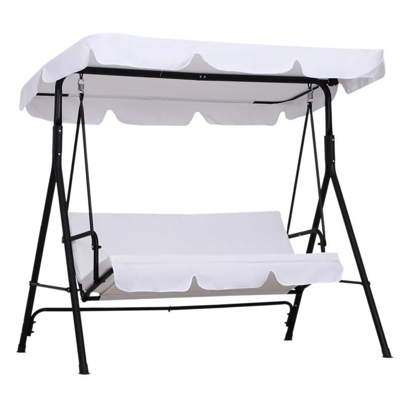 Outsunny Balancelle de Jardin 3 Places Toit Inclinaison réglable Coussins Assise et Dossier 1,72L x 1,1l x 1,52H m Acier Noir Polyester Blanc