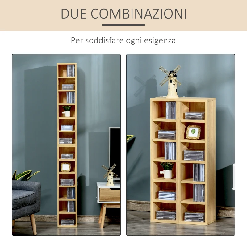 HOMCOM Scaffale Porta CD Set di 2 Pezzi con 6 ripiani 102 CD da Casa in Legno MDF 21 x 19.2 x 88.3cm Legno naturale