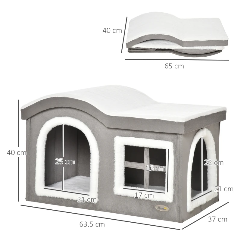Pawhut Casetta per Gatti da Interno con 2 Entrate, Finestra e Base Antiscivolo, 63.5x37x40 cm, Grigio