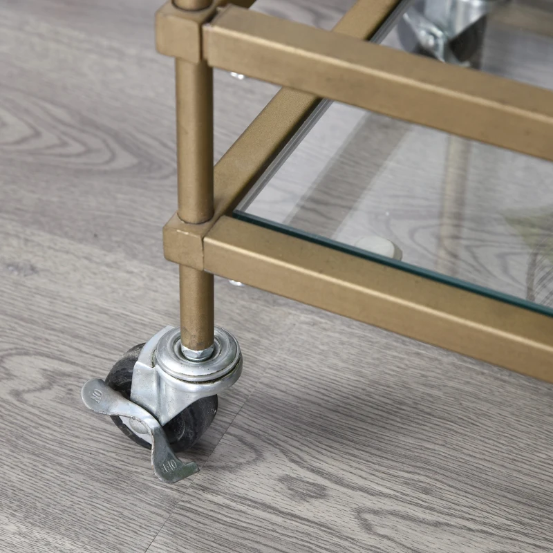 HOMCOM Chariot de service desserte de cuisine à roulettes 2 étagères verre dim. 70L x 35l x 80H cm métal doré