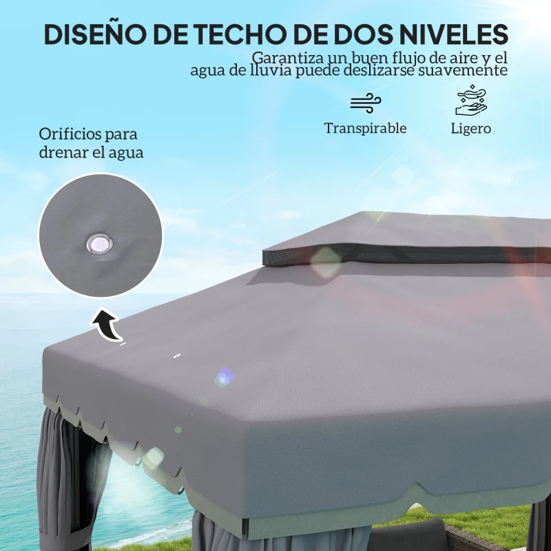 Outsunny Cenador para Jardín 4x3 m Pérgola de Jardín Gazebo con Doble Techo Paredes Laterales Anti-UV y Mosquiteras Gris
