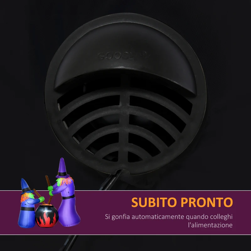 HOMCOM Addobbo Halloween Gonfiabile con Streghe e Calderone, 3 Luci LED Interne e Gonfiatore Integrato, 170x60x180cm